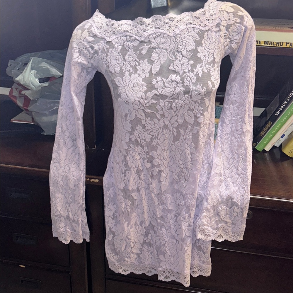 Victorias Secret Elegant Lavender Lace Dress with Long Bell Sleeves